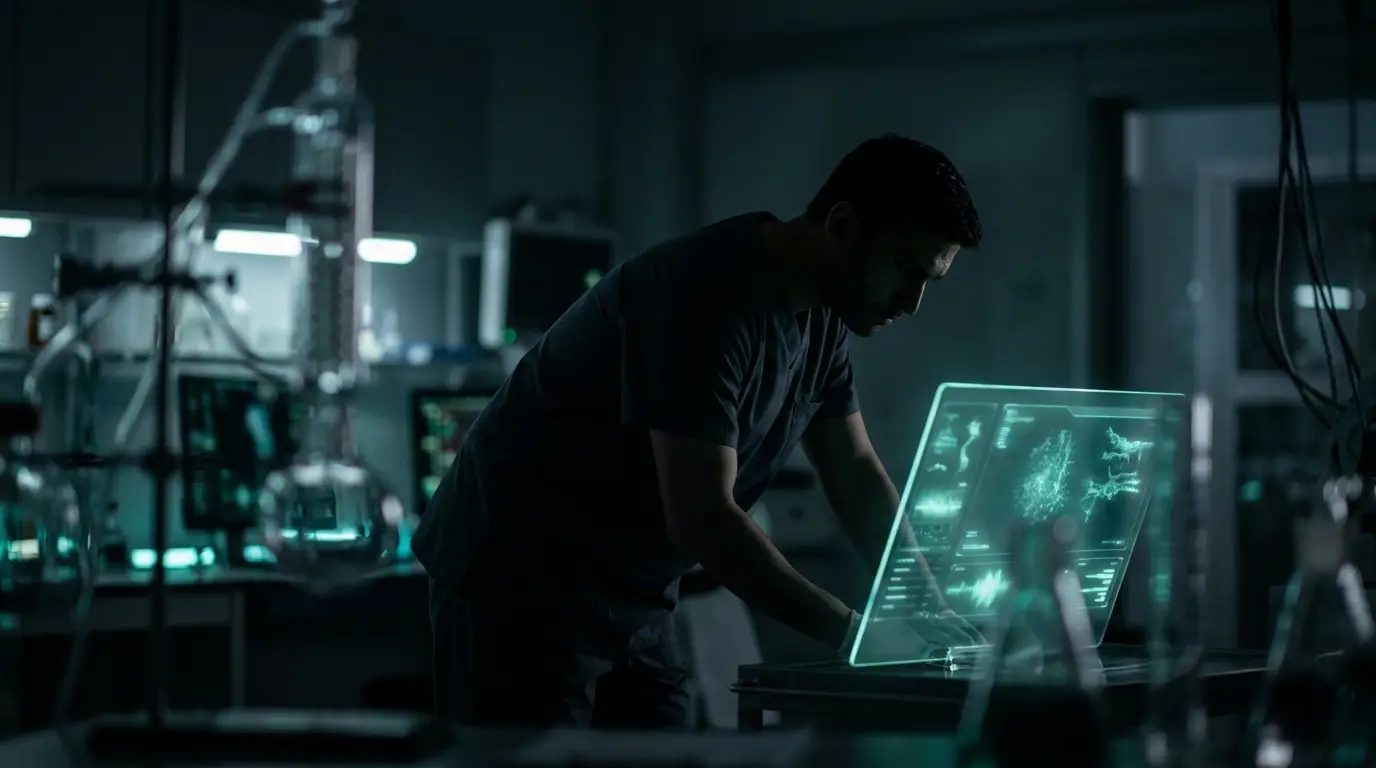 A clinician reviewing a glowing health-data display