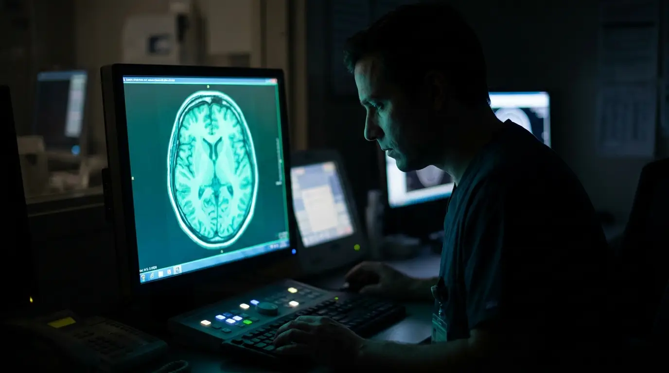 A radiologist reviewing a glowing brain MRI scan on a monitor in a dark reading room