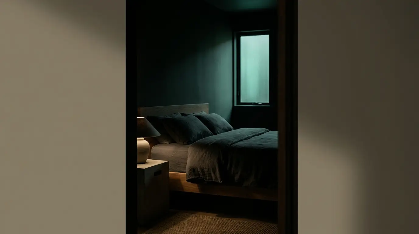 A calm minimalist bedroom at night in soft shadow
