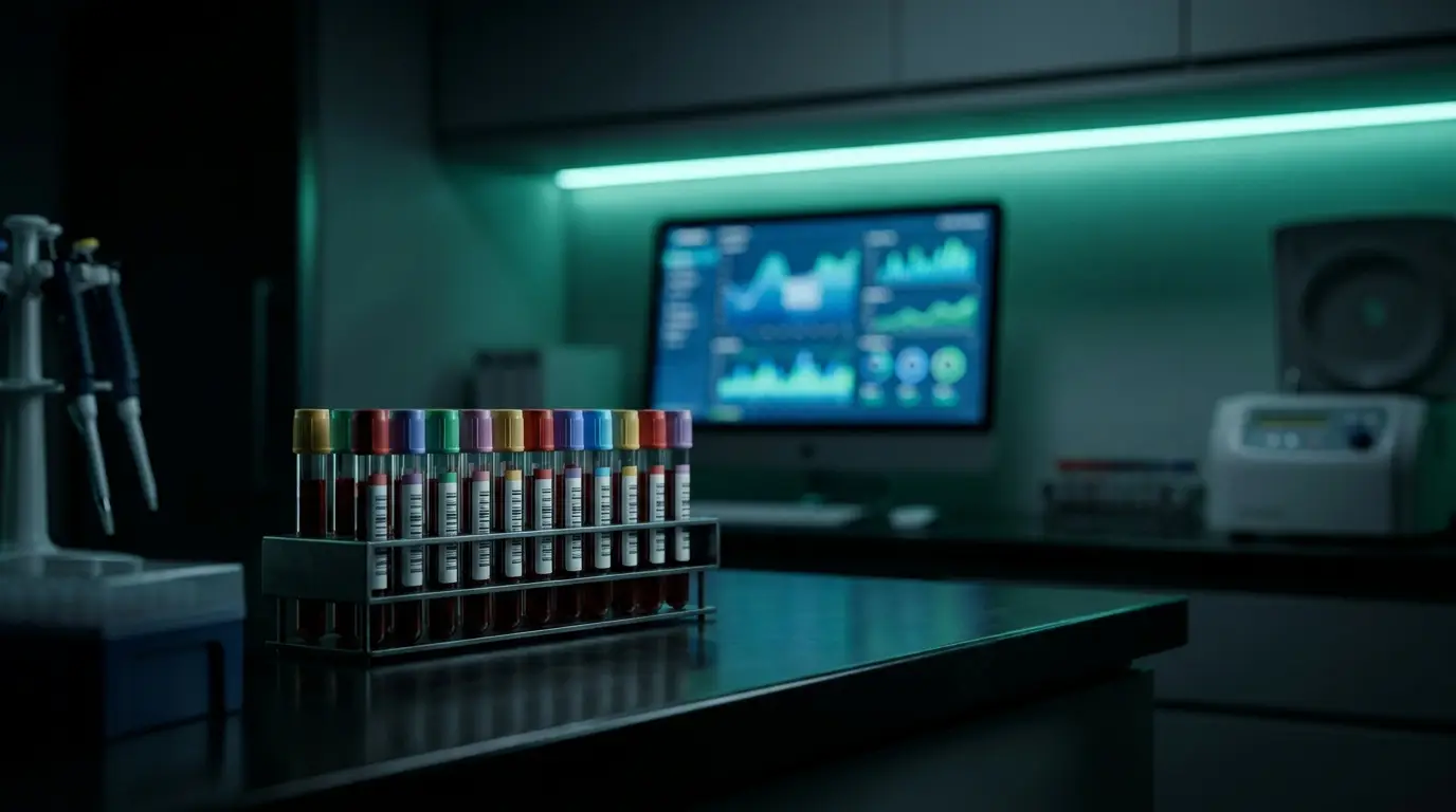 A rack of blood sample vials on a dark lab bench with a glowing data screen behind