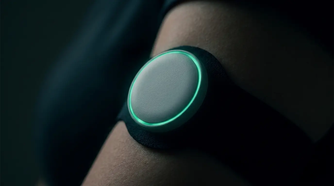 A round continuous glucose monitor sensor worn on an upper arm, glowing teal