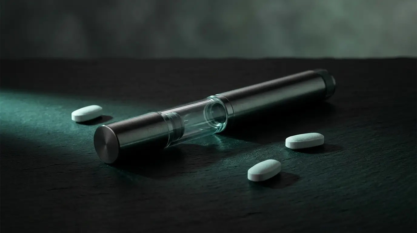 A modern medical injection pen and tablets on a dark slate surface