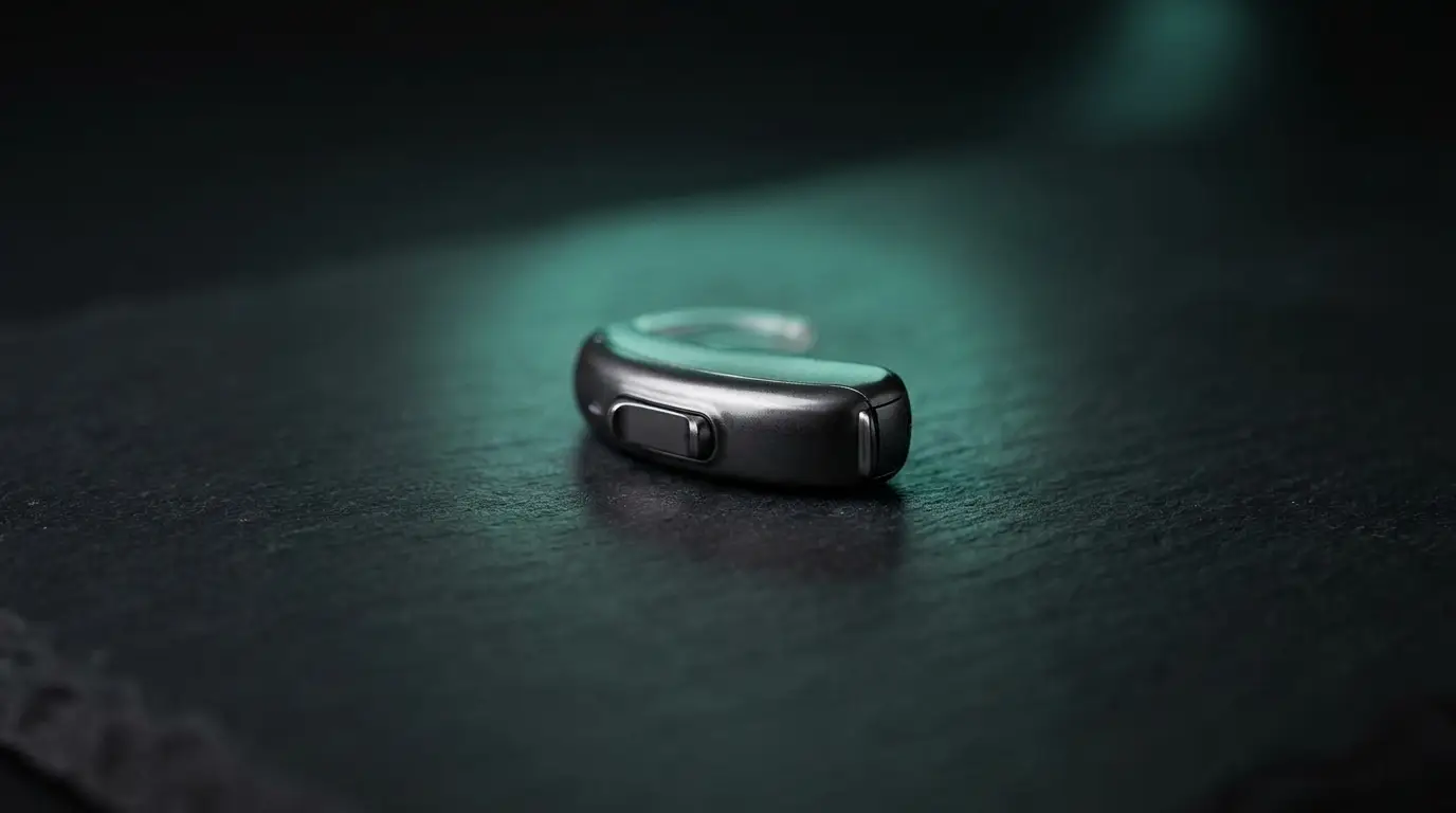 A tiny sleek modern over-the-counter hearing aid on a dark surface