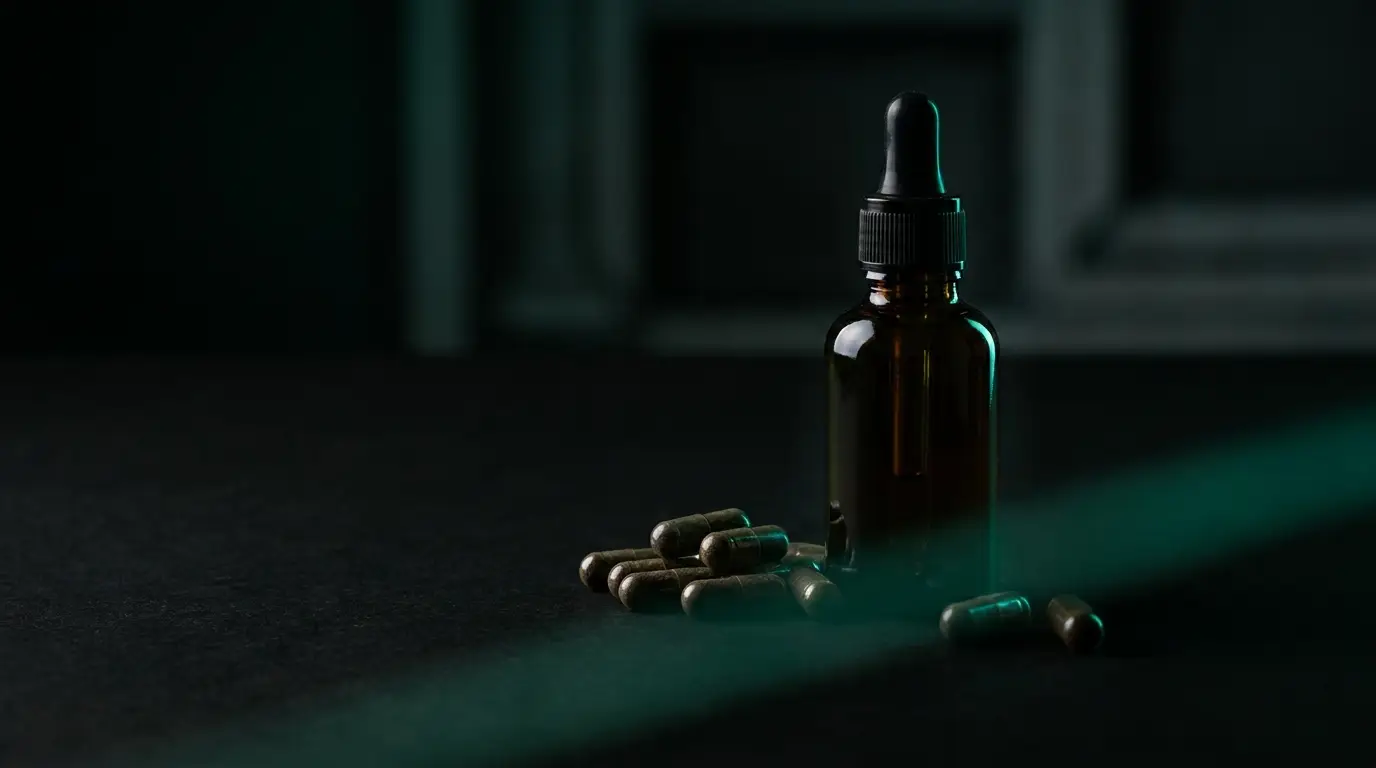 Premium supplement capsules and an amber-glass dropper bottle on a dark surface