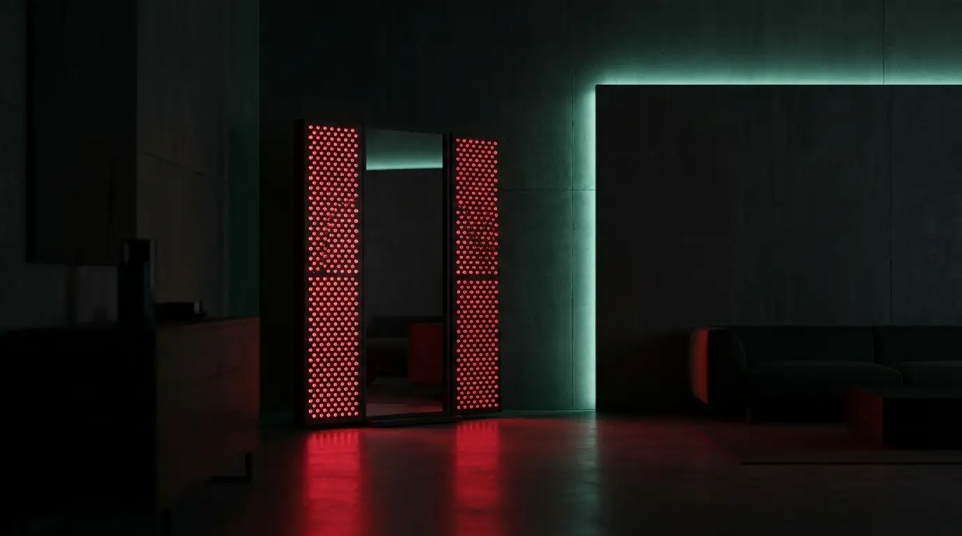 A glowing red-light therapy panel in a dark room with a teal ambient wall