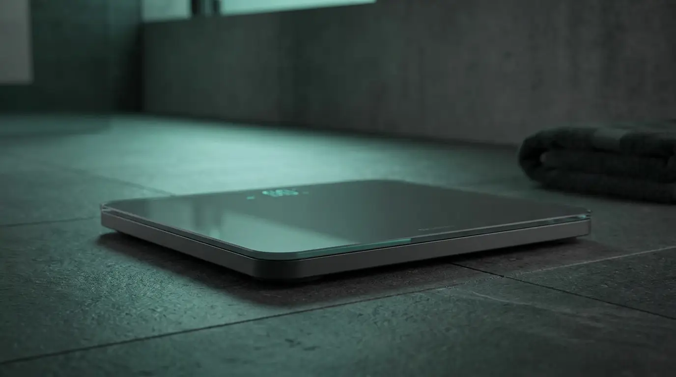 A sleek smart body-composition scale on a dark floor