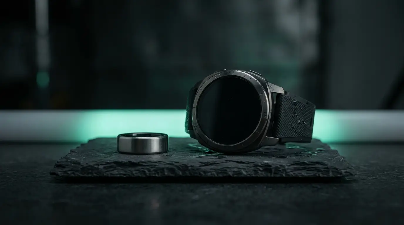 A titanium smart ring and a fitness smartwatch on dark slate with green light